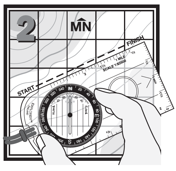 2. Set the compass heading by turning the compass Dial until the “N” on your compass aligns with Magnetic North on the map.
